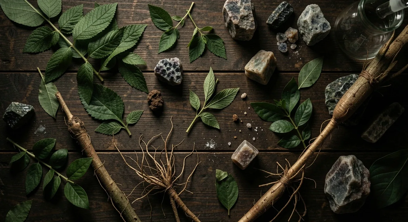Botanical laboratory table with herbs and mineral crystals