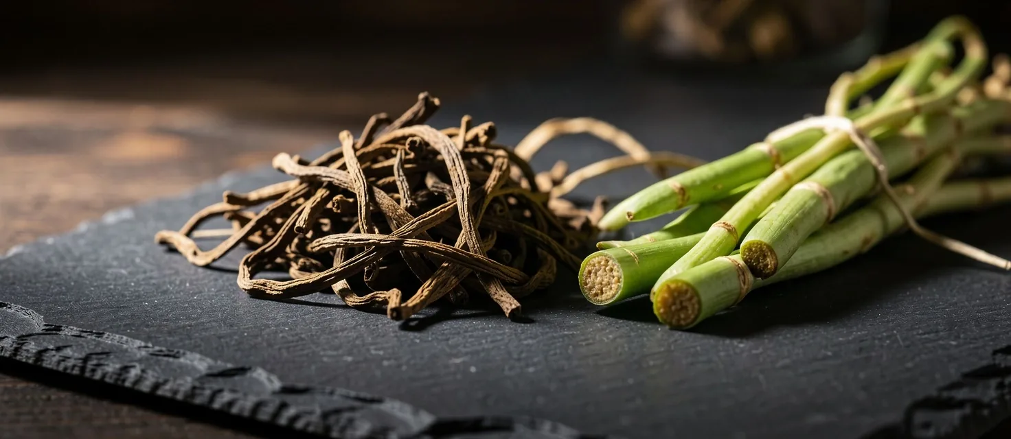 Dried herbs on a dark surface