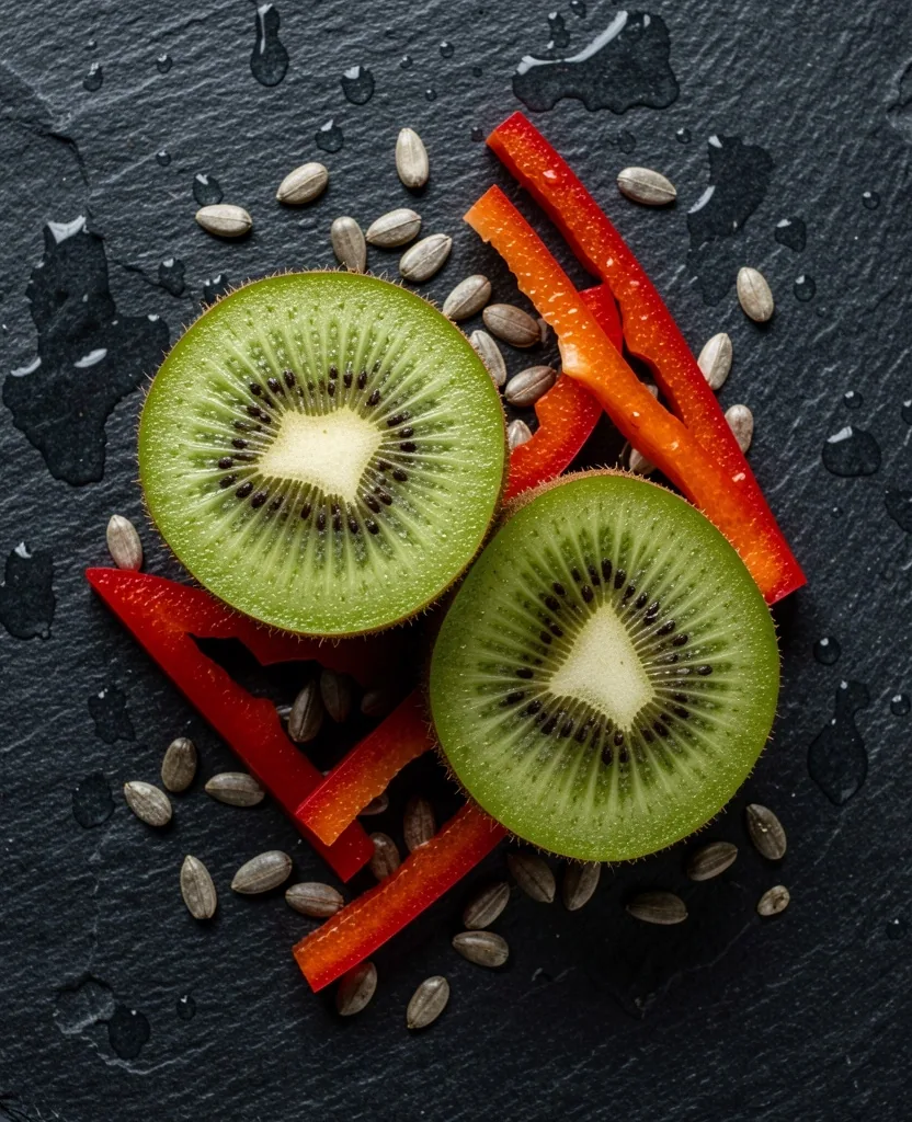 Vitamin C and E rich foods on a dark surface