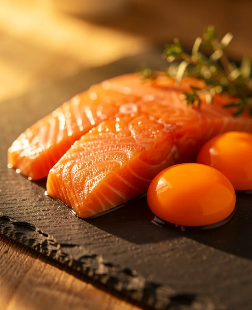Vitamin D rich foods on a dark surface