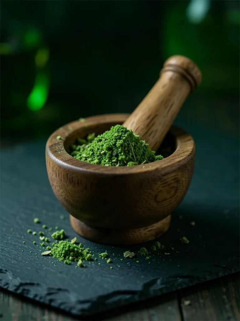 Crushed botanical powder in mortar