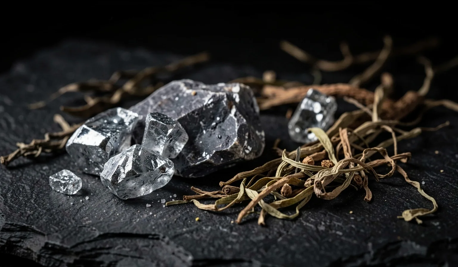 Raw minerals and herbal roots on stone