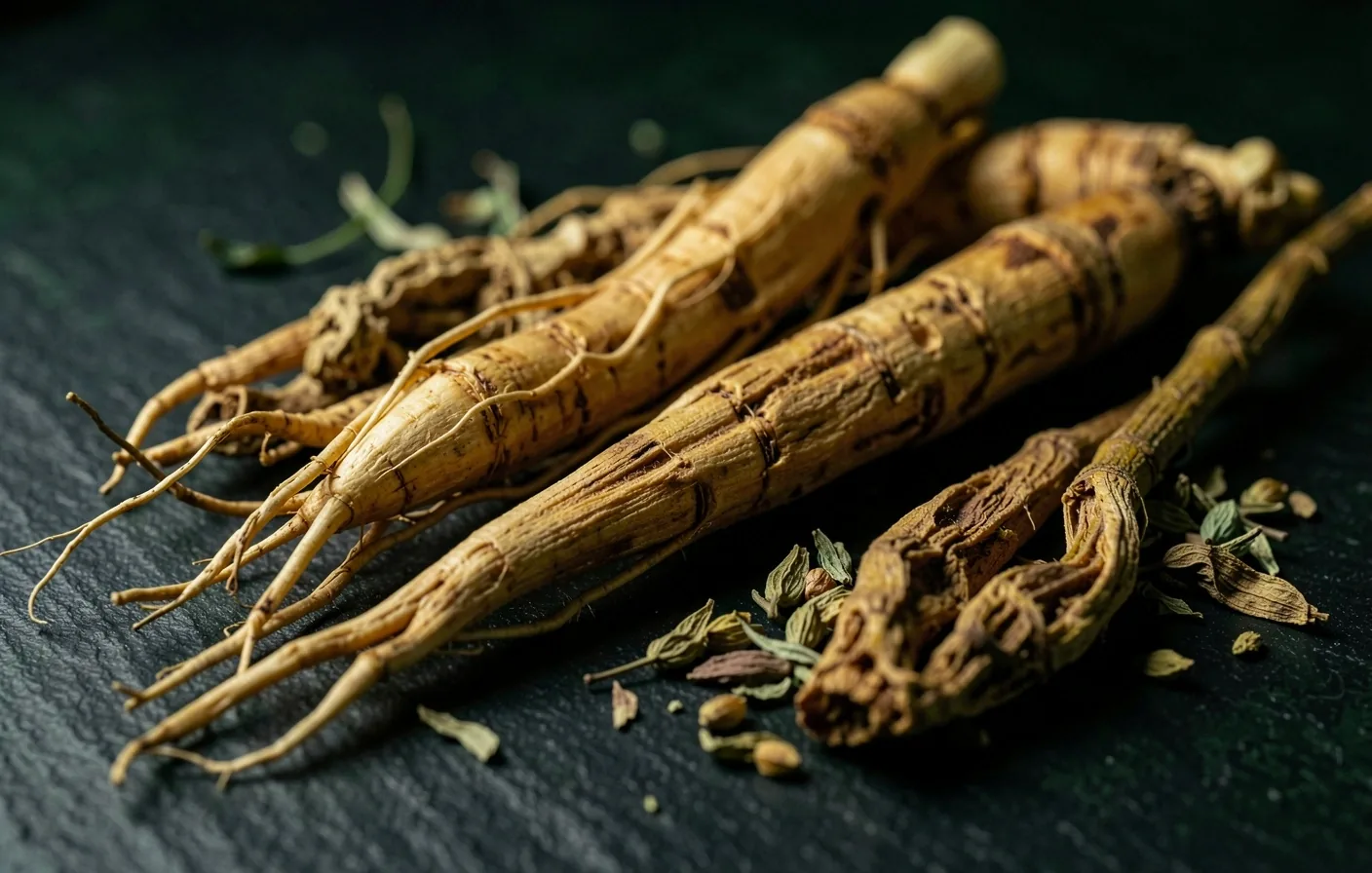 Indonesian botanical roots and herbs on dark surface