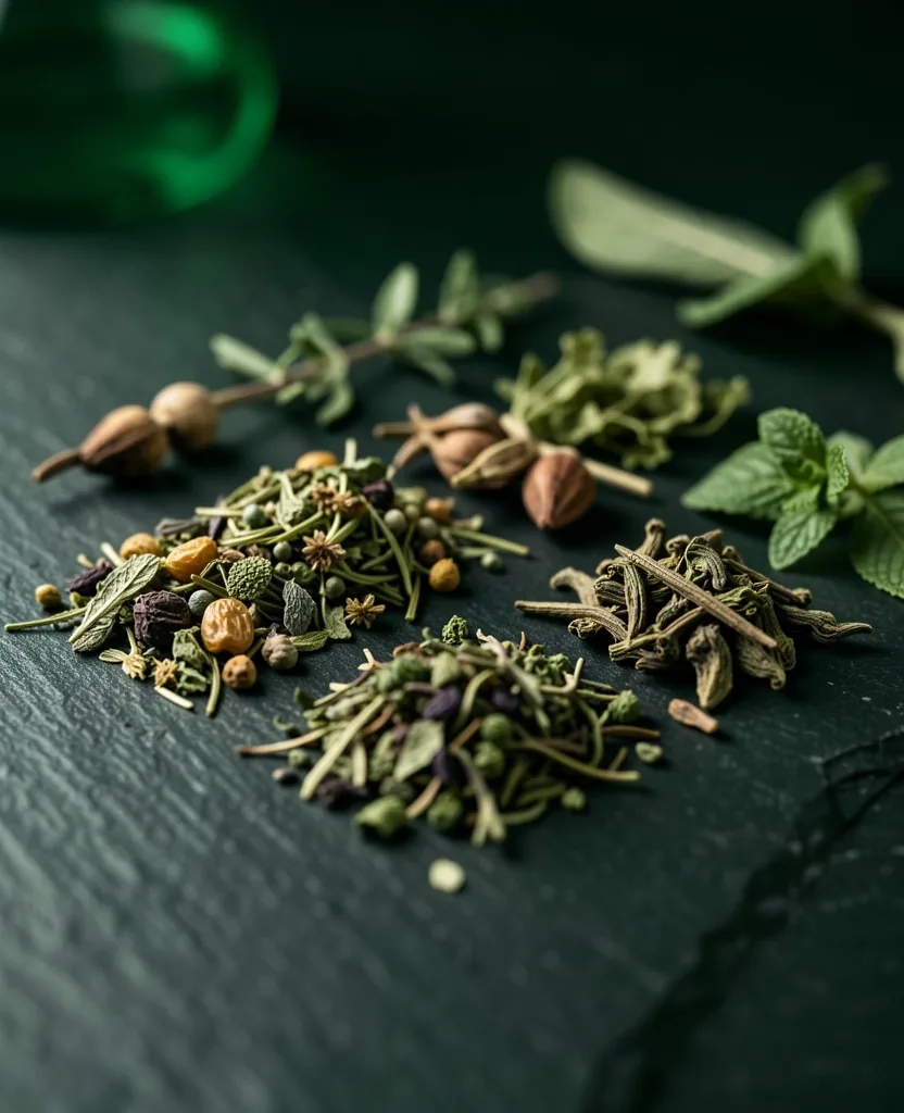 Dried Indonesian herbs on a dark surface